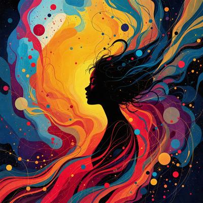 The primary subject of the image is a woman with long hair, who is the main focus of the scene. She is depicted in a colorful and vibrant manner, with her hair flowing and her eyes looking upwards. The setting is a colorful and abstract background, which adds to the overall atmosphere of the image. The visual style of the image is a combination of digital art and illustration, creating a unique and eye-catching piece of art. The colors and mood of the image are lively and energet